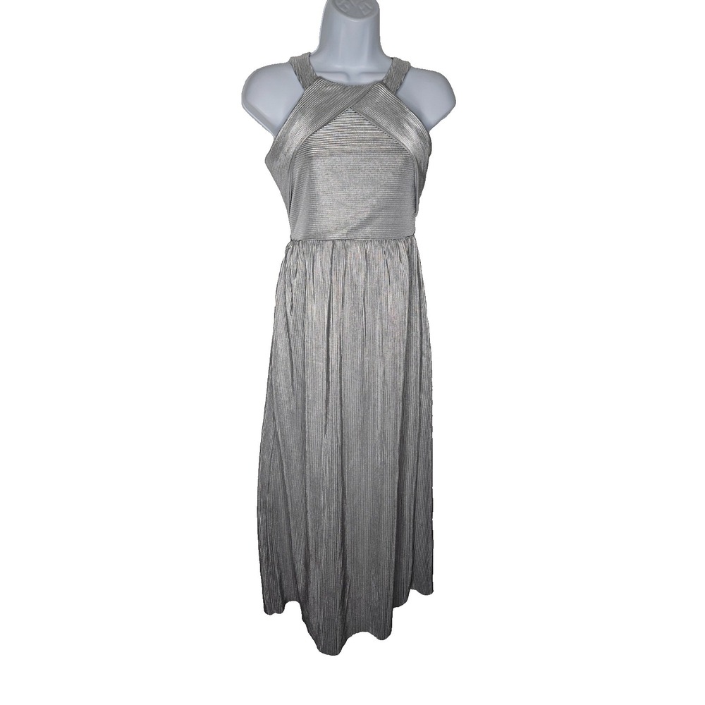Rare Editions Silver Metallic Pleated Dress Womens 14 Halter Formal Party